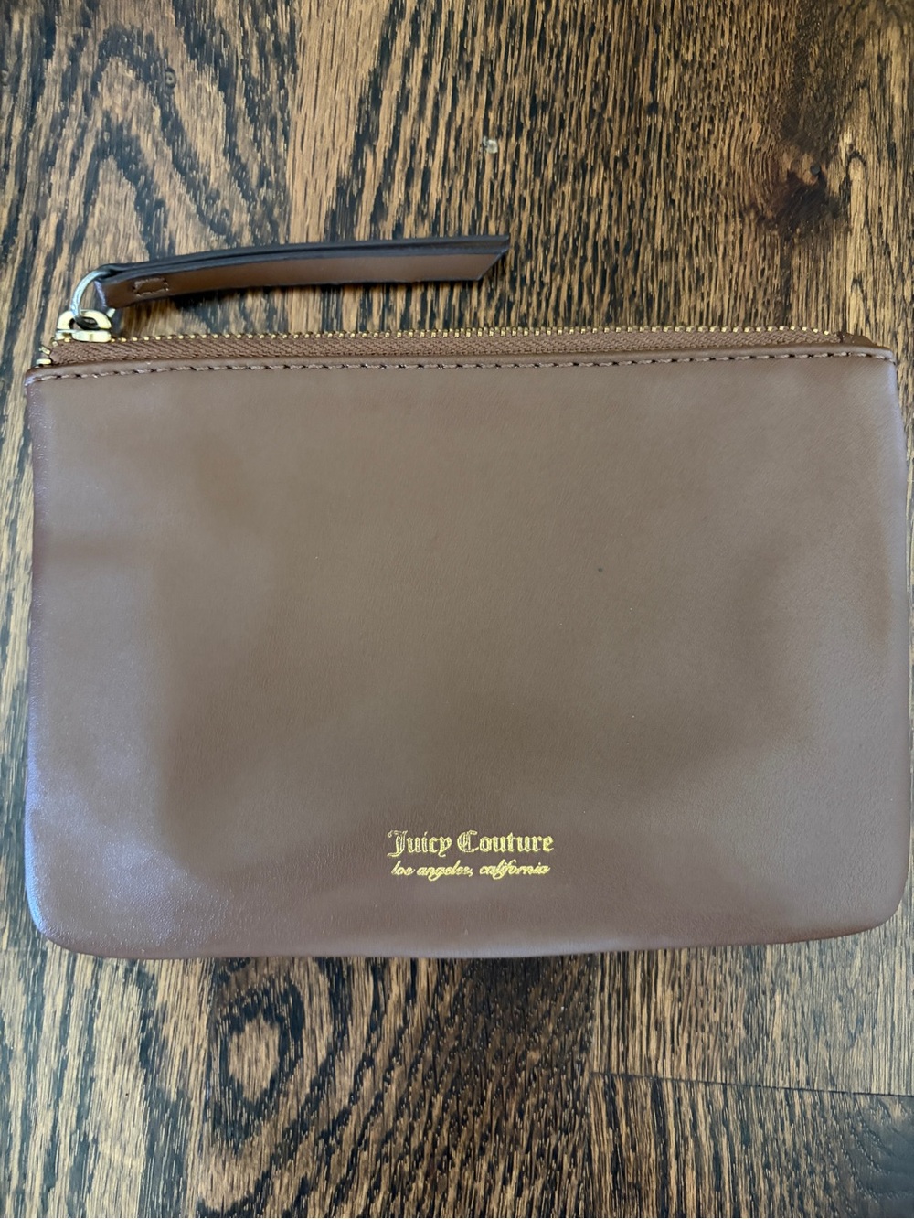 Juicy Couture Brown Leather Zip Wristlet with Gold Logo